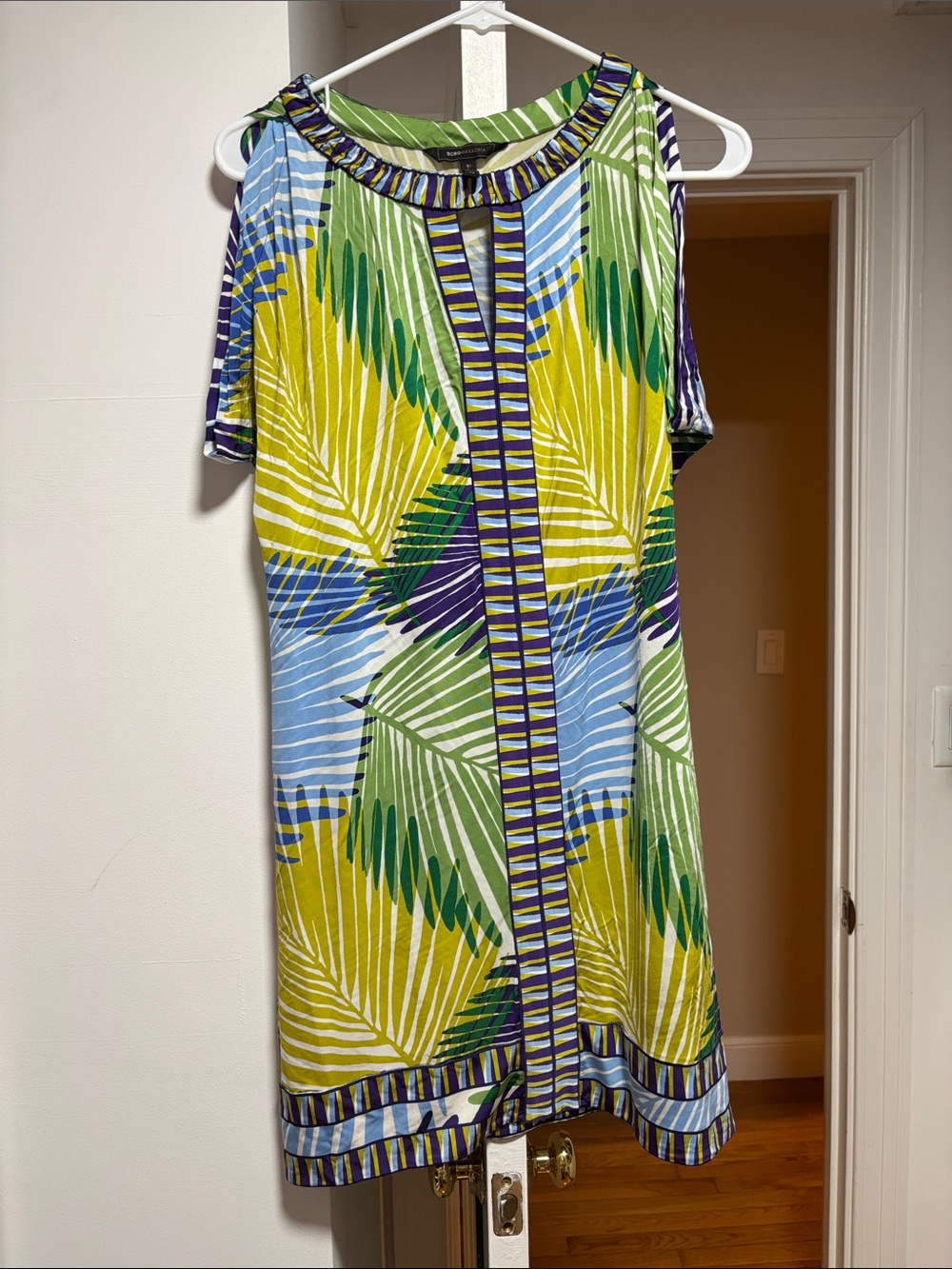 BCBGMaxAzria Tropical Leaf Shift Dress in Yellow, Green & Blue